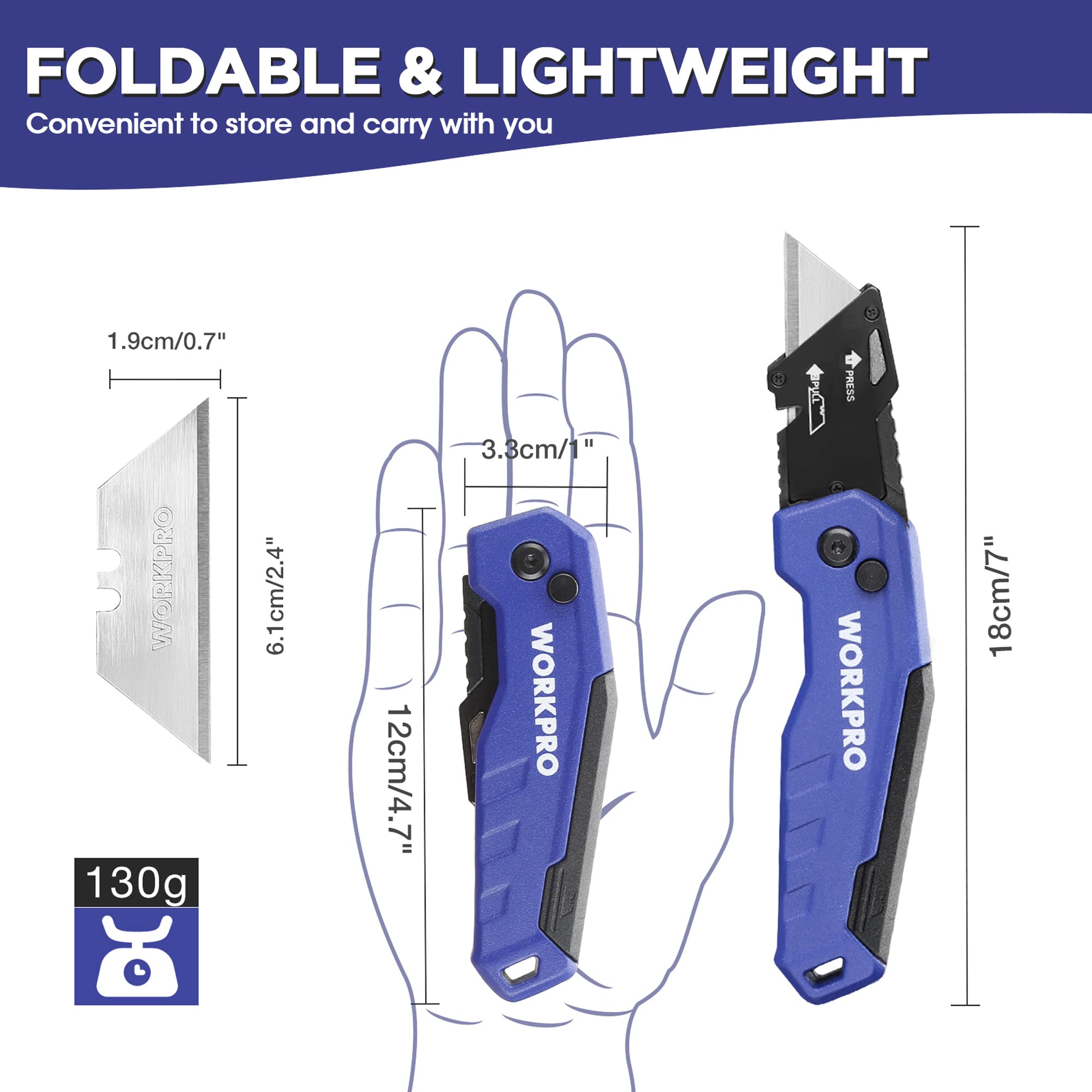 WORKPRO Folding Utility Knife, Quick Change Box Cutter, Razor Knife for Cartons, Cardboard, Boxes, Blade Storage in Aluminum Handle, 13 Extra Blades Included (Blue)