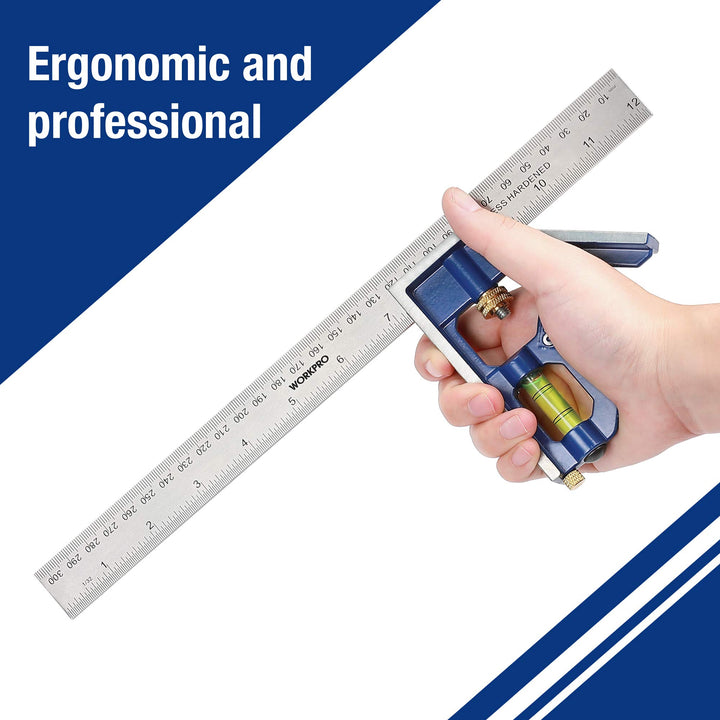 WORKPRO Combination Square 300mm/12Inch, Engineers Set Square, Stainless Steel Angle Ruler, Adjustable Carpentry Square 45/90 Degree with Bubble Level, Measuring Tool for Engineer Carpenter