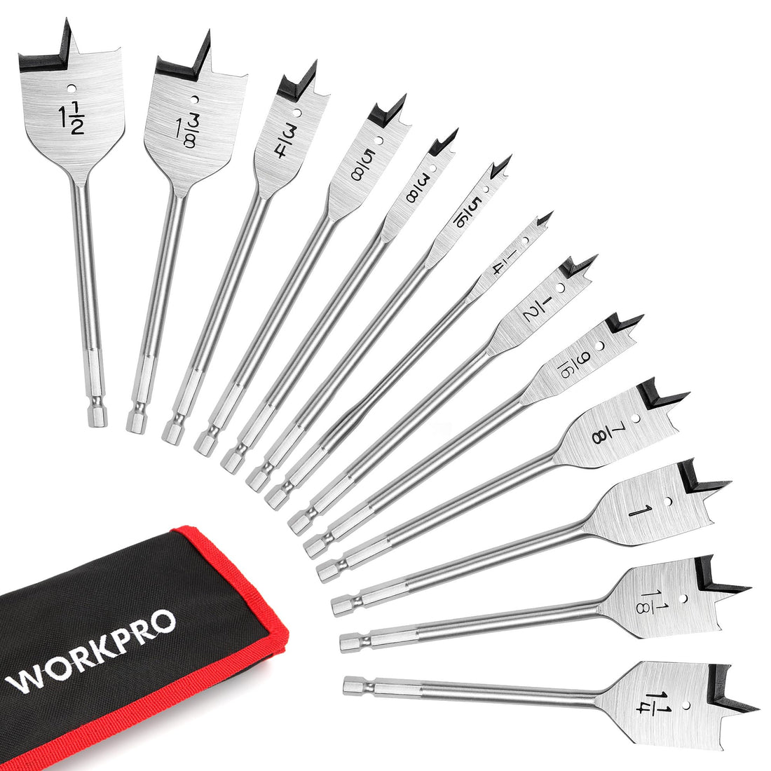 WORKPRO 13-Piece Spade Drill Bit Set in SAE, Paddle Flat Bits for Woodworking,Nylon Storage Pouch Included