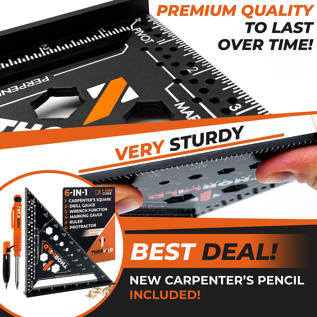 Thorvald 6-in-1 Master Square - 180mm Multi-Purpose Carpenter Tool with Wrench, Square, Protractor, Ruler, Graduated Marking Gauge, Drill Gauge - Includes 2-in-1 New Carpenter's Pencil