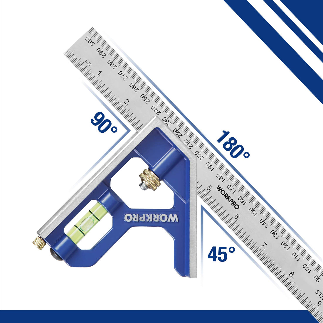 WORKPRO Combination Square 300mm/12Inch, Engineers Set Square, Stainless Steel Angle Ruler, Adjustable Carpentry Square 45/90 Degree with Bubble Level, Measuring Tool for Engineer Carpenter