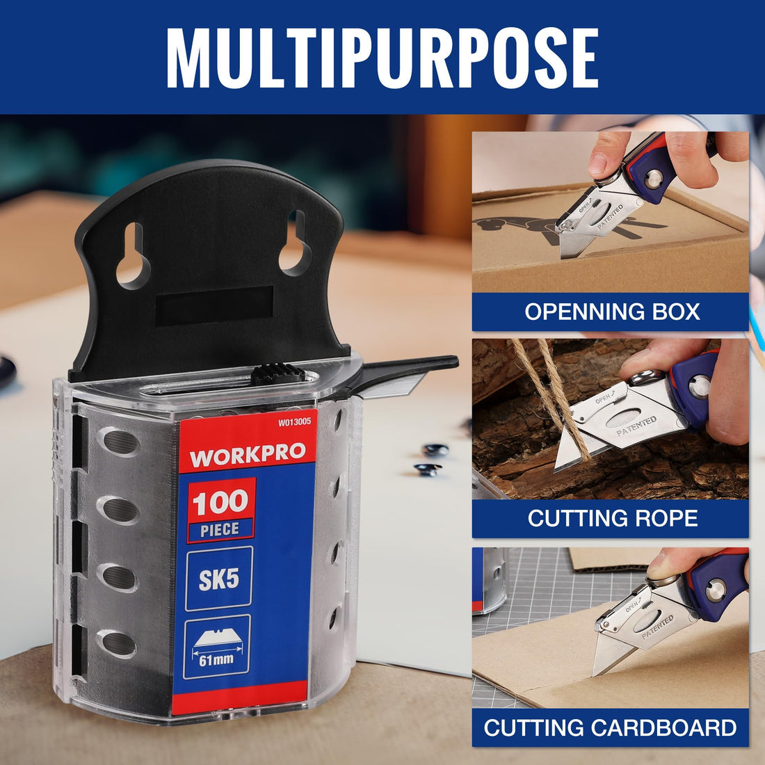 WORKPRO 100-pack SK5 Steel Utility Knife Blades with Dispenser