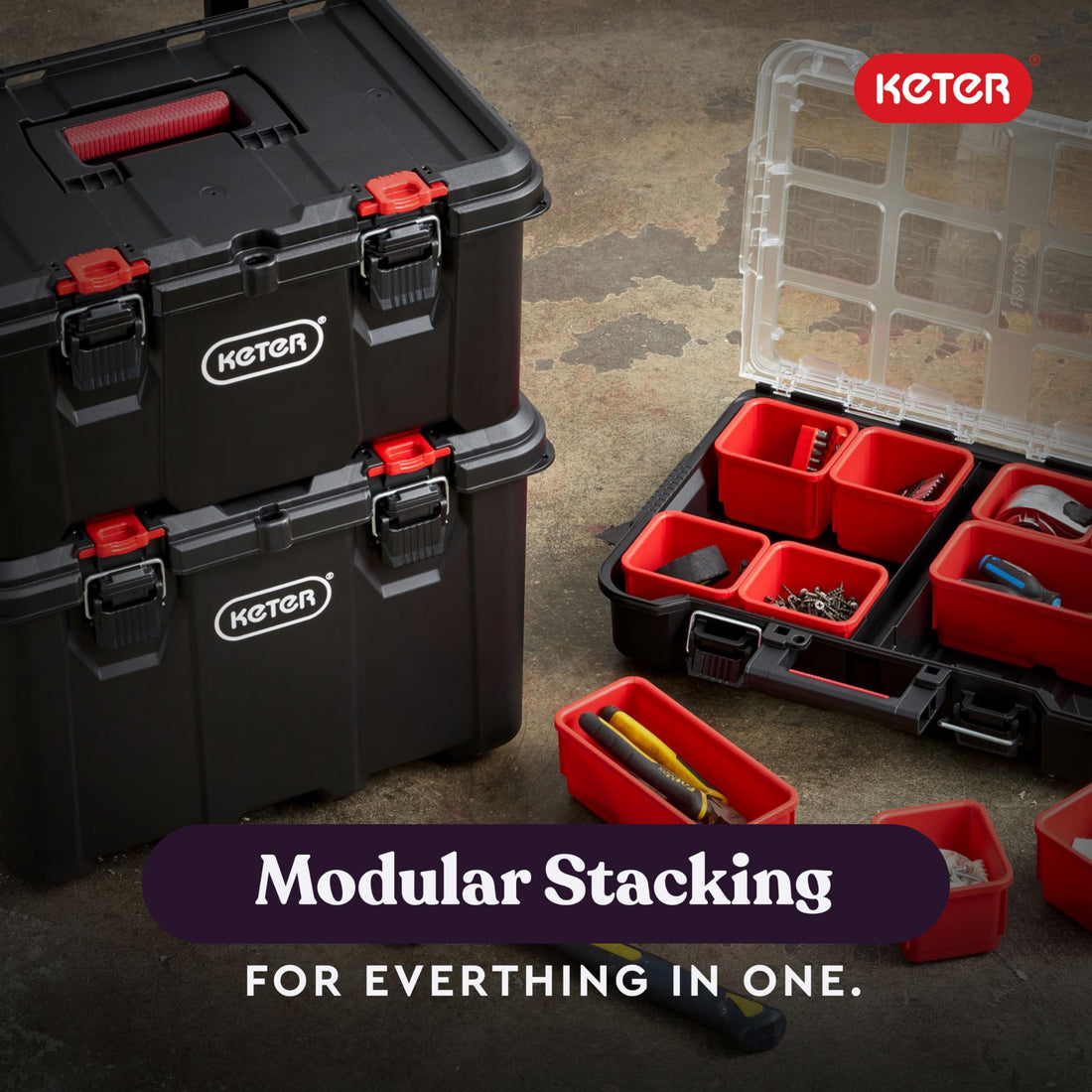 Keter Stack-n-Roll Mobile Tool Storage and Organization, 3 Piece Resin Modular Toolbox System