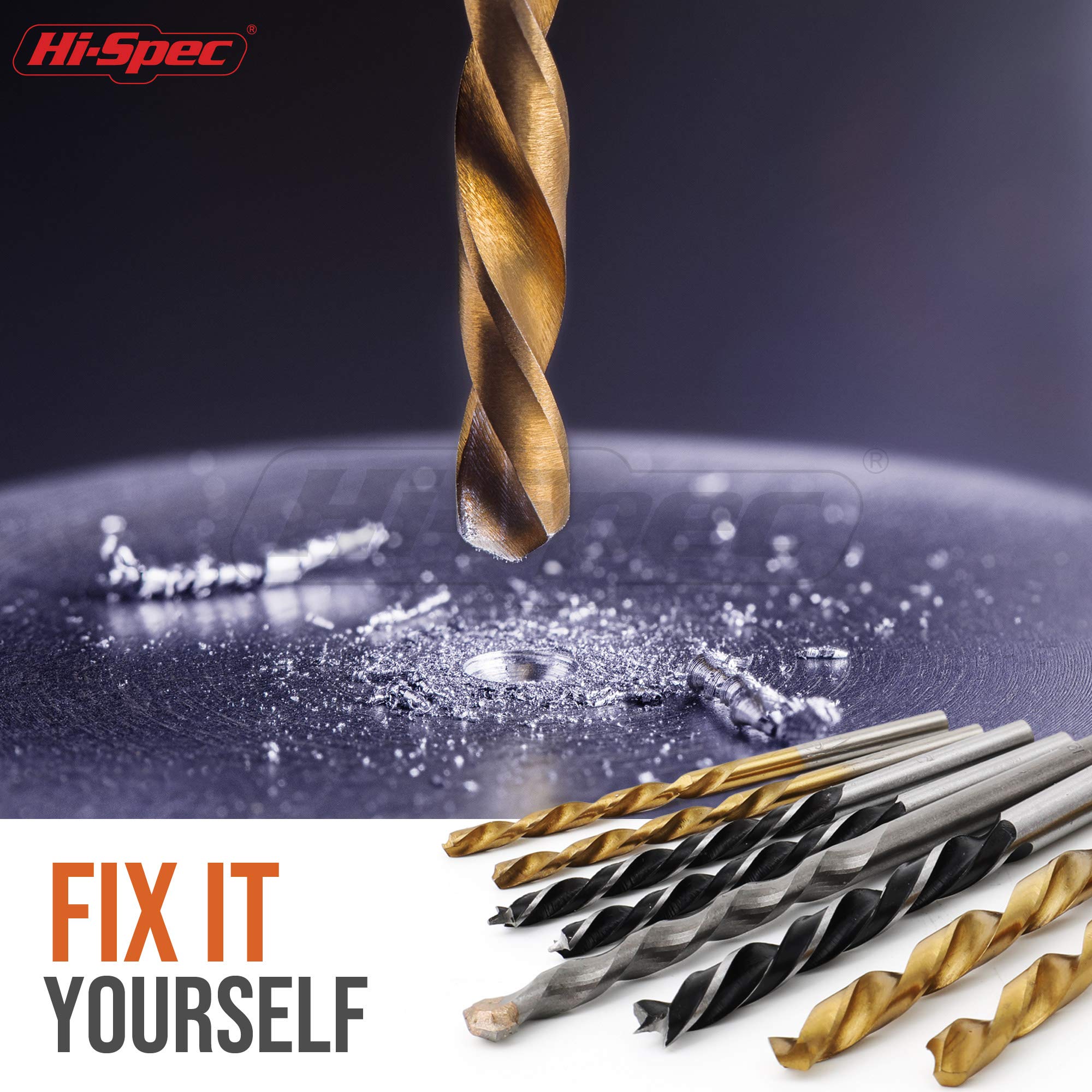 Hi-Spec 130pc Mixed Multi Drill Bit Set. 1 to 10mm HSS Titanium Coated, Masonry & Brad Point Steel Bits for Metal, Woods, Plastics, Brick and Concrete. Complete in a Box Case