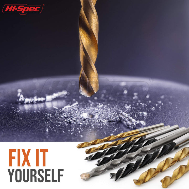 Hi-Spec 130pc Mixed Multi Drill Bit Set. 1 to 10mm HSS Titanium Coated, Masonry & Brad Point Steel Bits for Metal, Woods, Plastics, Brick and Concrete. Complete in a Box Case