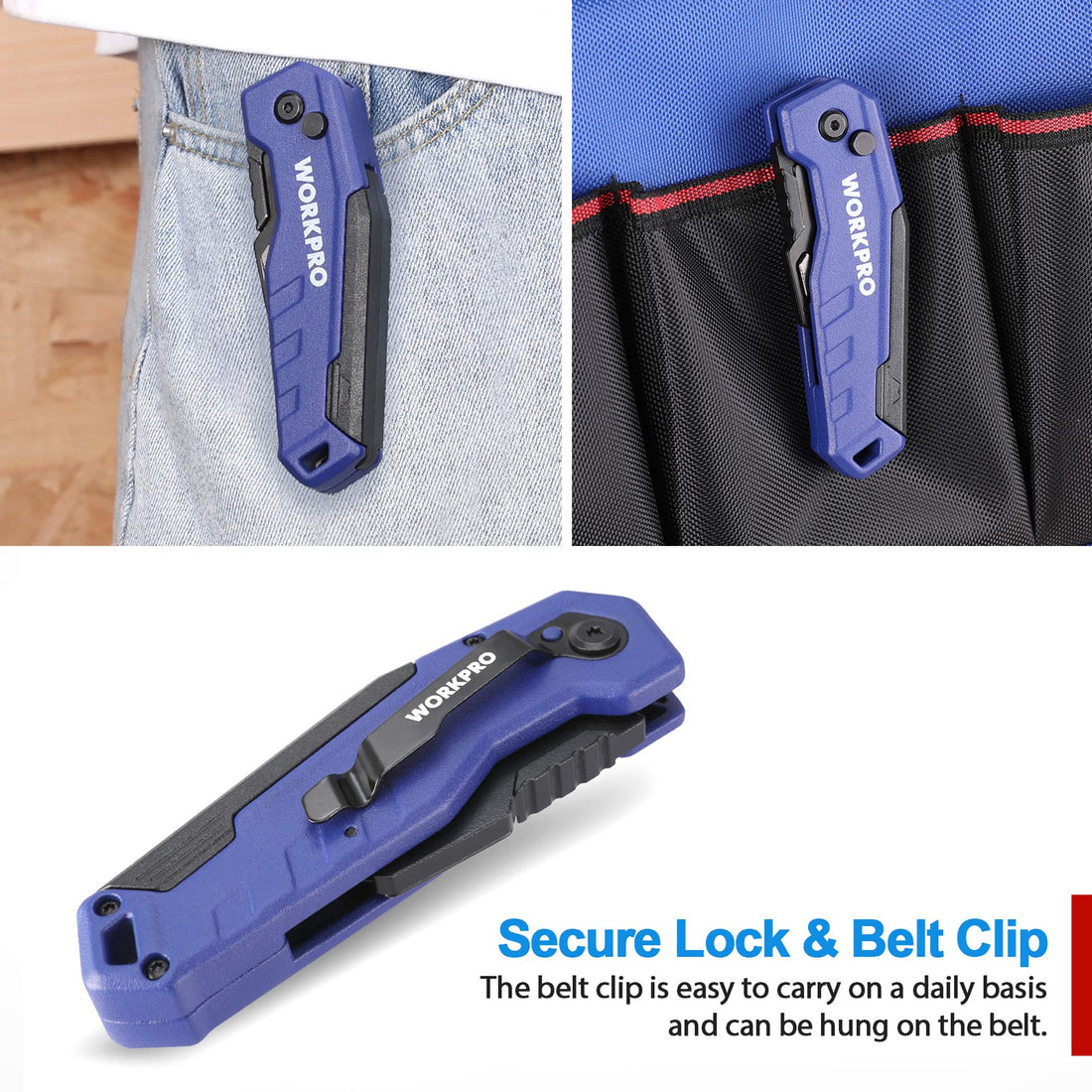 WORKPRO Folding Utility Knife, Quick Change Box Cutter, Razor Knife for Cartons, Cardboard, Boxes, Blade Storage in Aluminum Handle, 13 Extra Blades Included (Blue)