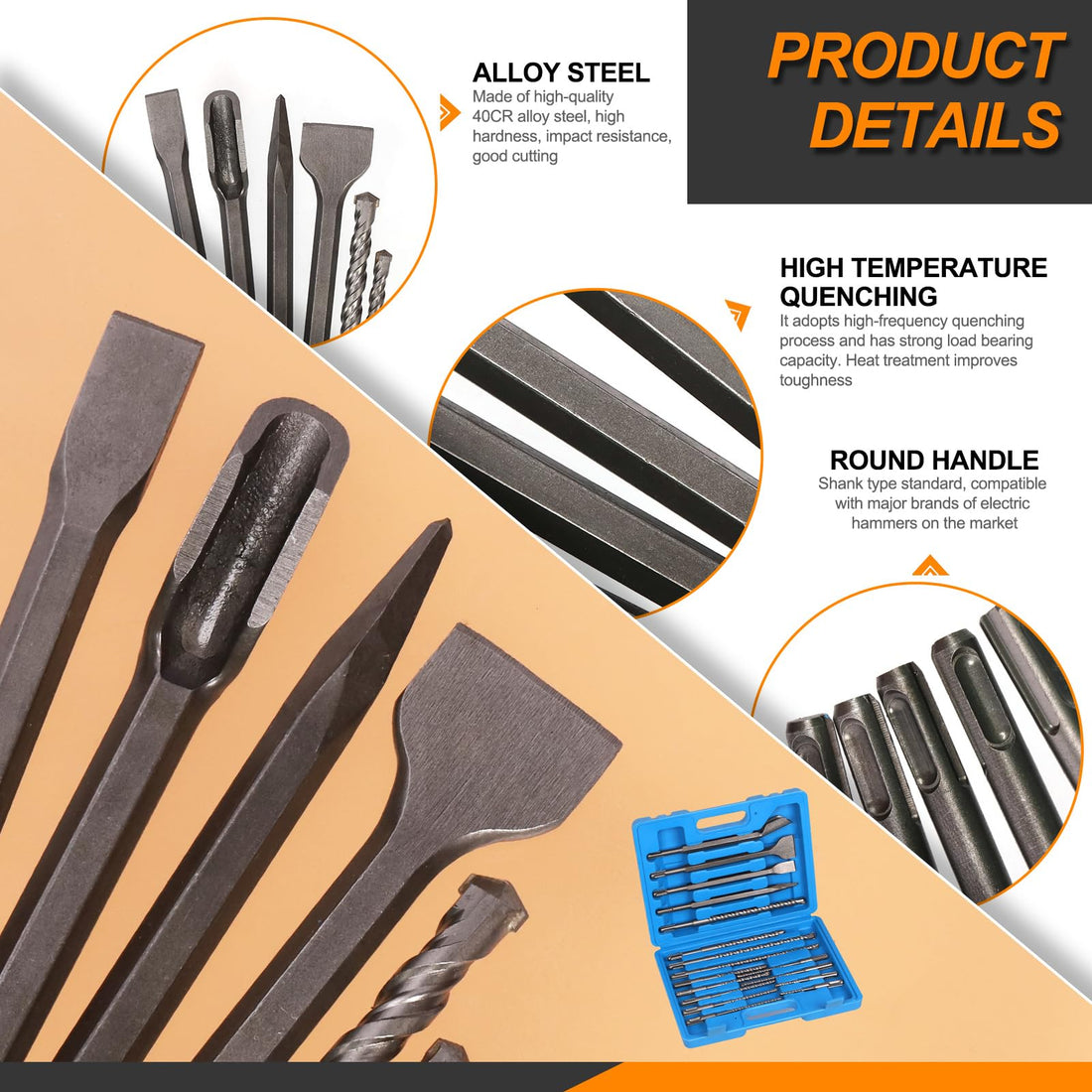 Rustark 17Pcs SDS Plus Drill Bits and Chisel Set with Storage Case, Rotary Hammer Drill Bits SDS Plus Concrete Drill Bits Masonry Bits and Chisels for Stone, Brick, Concrete with Storage Case