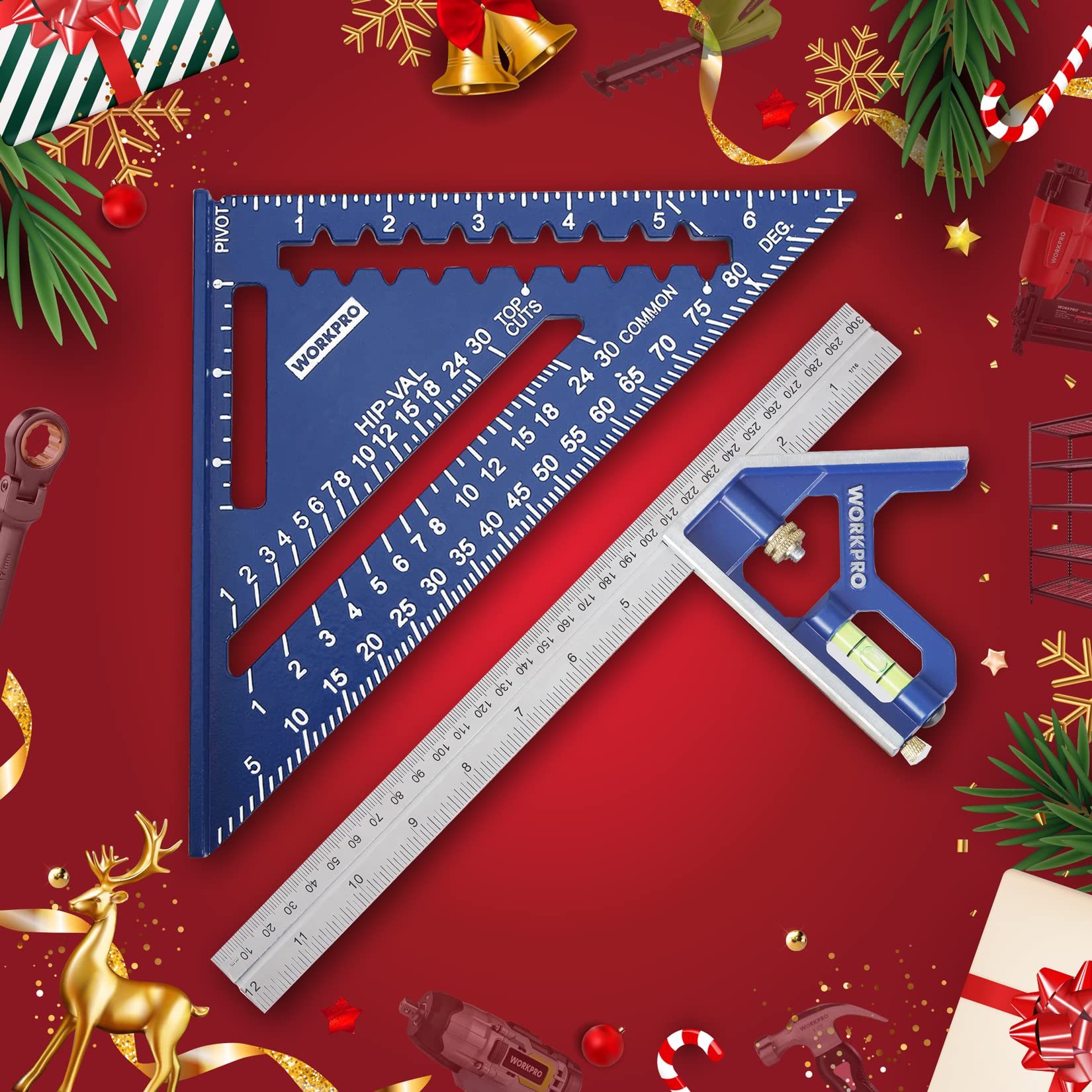 WORKPRO Rafter Square and Combination Square Tool Set, 18cm . Aluminium Alloy Die-Casting Carpenter Square and 30cm Zinc-Alloy Die-Casting Square Ruler Combo (Rafter Square Layout Tool)