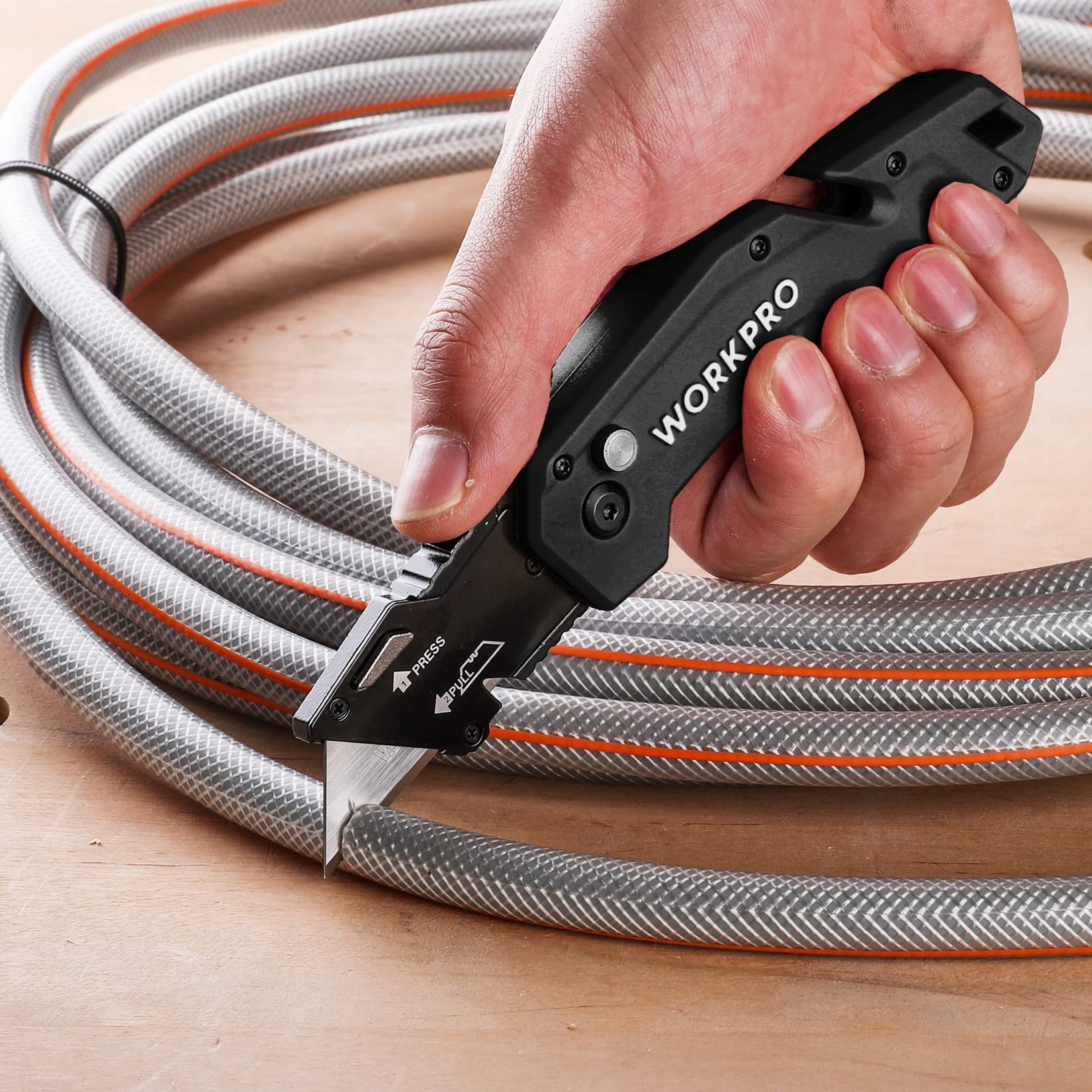 WORKPRO Folding Utility Knife, Box Cutter with Belt Clip, Quick-Change Blade, Lightweight Nylon Handle, Wire Stripper & Gut Hook, Extra 10 SK5 Blades Included, Black