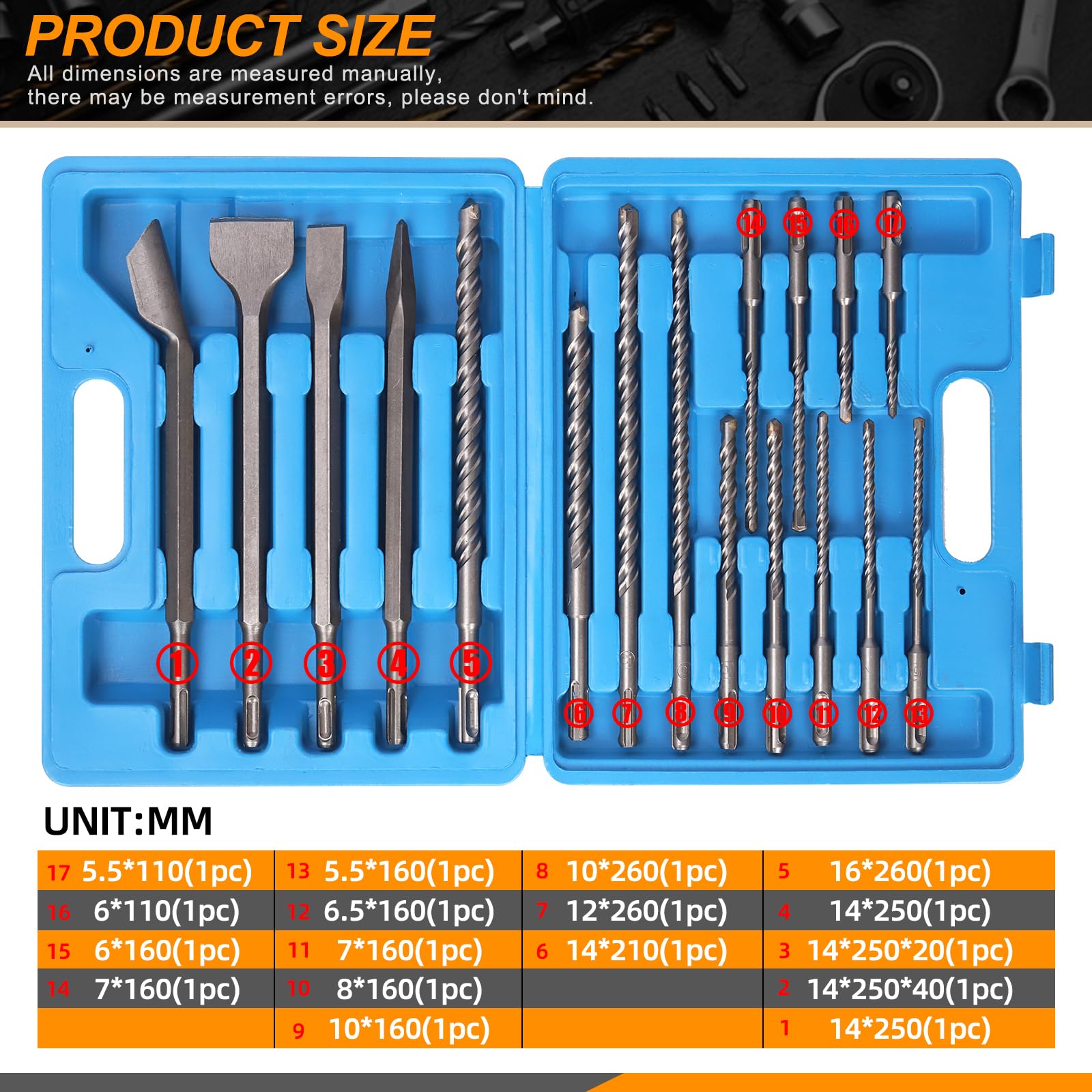 Rustark 17Pcs SDS Plus Drill Bits and Chisel Set with Storage Case, Rotary Hammer Drill Bits SDS Plus Concrete Drill Bits Masonry Bits and Chisels for Stone, Brick, Concrete with Storage Case