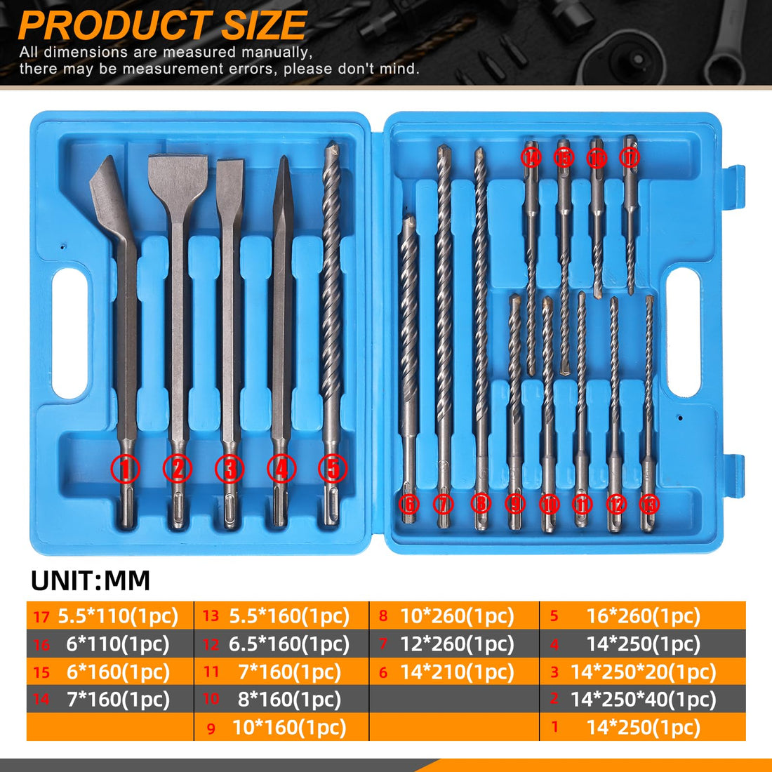 Rustark 17Pcs SDS Plus Drill Bits and Chisel Set with Storage Case, Rotary Hammer Drill Bits SDS Plus Concrete Drill Bits Masonry Bits and Chisels for Stone, Brick, Concrete with Storage Case