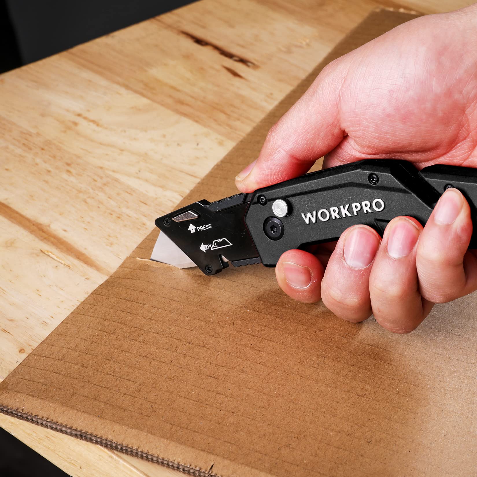 WORKPRO Folding Utility Knife, Box Cutter with Belt Clip, Quick-Change Blade, Lightweight Nylon Handle, Wire Stripper & Gut Hook, Extra 10 SK5 Blades Included, Black