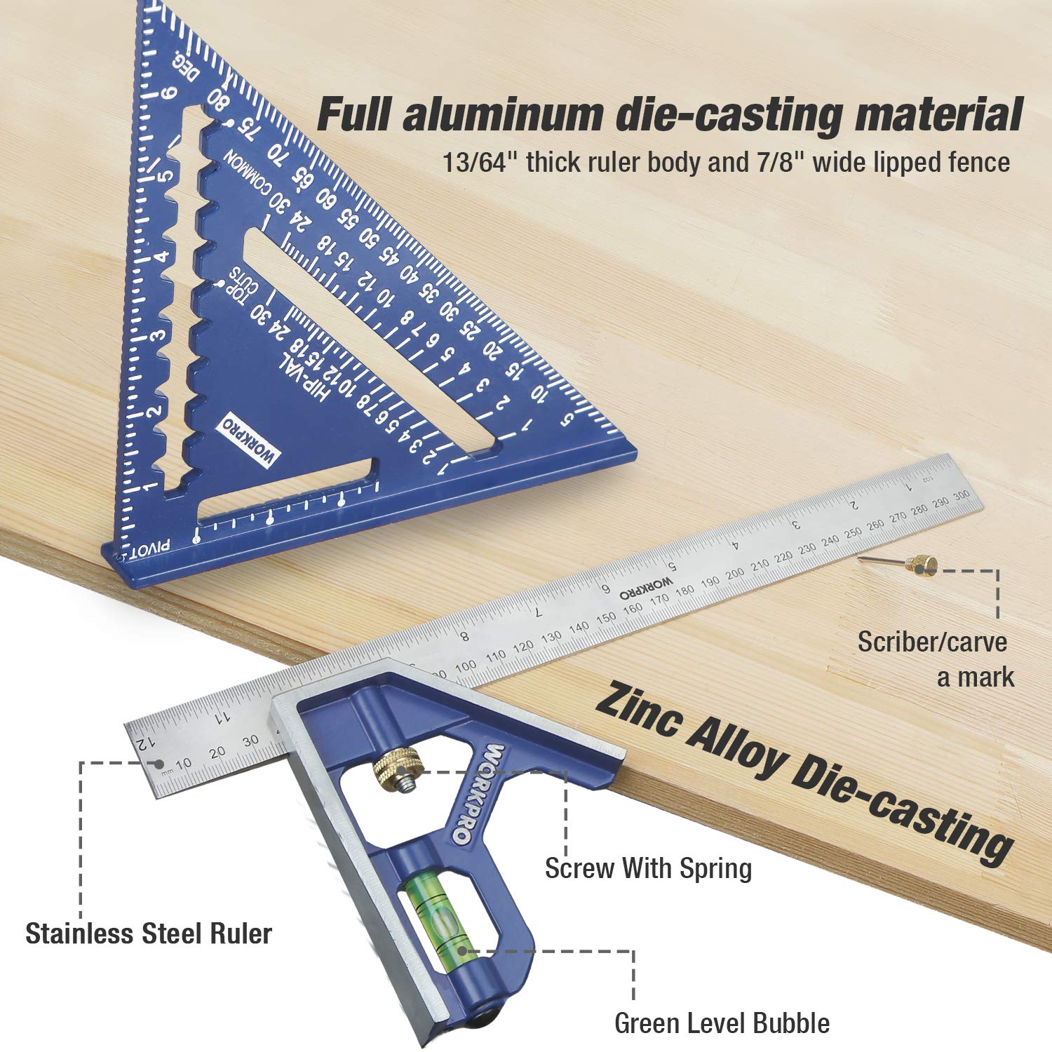 WORKPRO Rafter Square and Combination Square Tool Set, 18cm . Aluminium Alloy Die-Casting Carpenter Square and 30cm Zinc-Alloy Die-Casting Square Ruler Combo (Rafter Square Layout Tool)