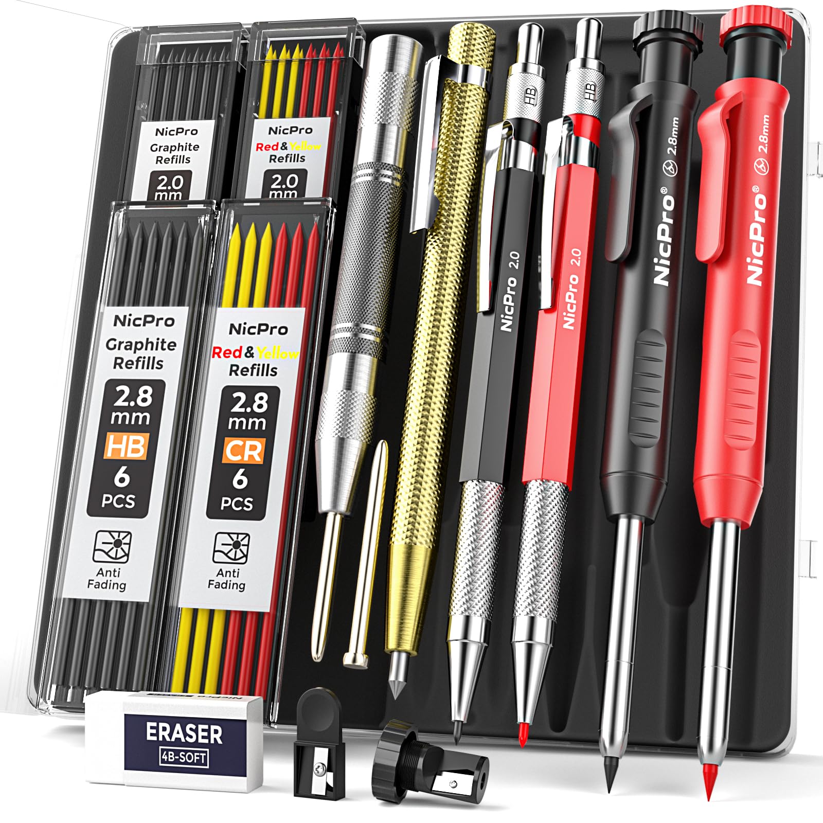 Nicpro 15 Pack Carpenter Pencil Set with Sharpener, Mechanical Carpenter Pencils with 40 Refill, Automatic Center Punch and Carbide Scribe Tool, Heavy Duty Construction Pencil for Architect-With Case