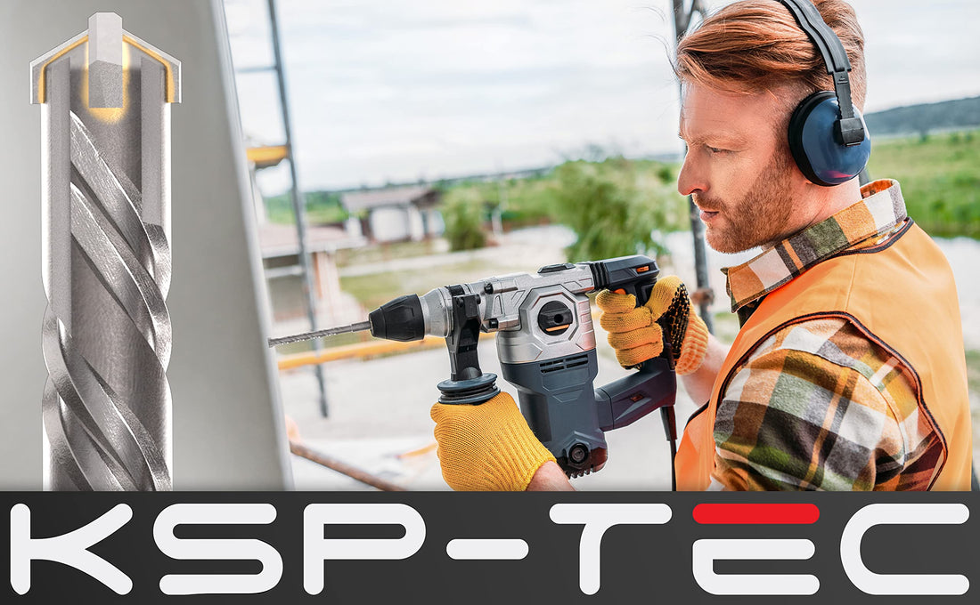 KSP-TEC® | Carbide - Cross Tipped SDS-Plus Rotary Hammer Drill and Chisle Bit Set with Storage Case for Masonry, Concrete, Brick, Stone