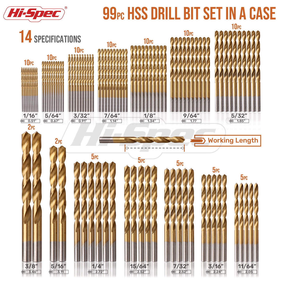 Hi-Spec 99pc Complete HSS Mixed Drill Bit Set.
