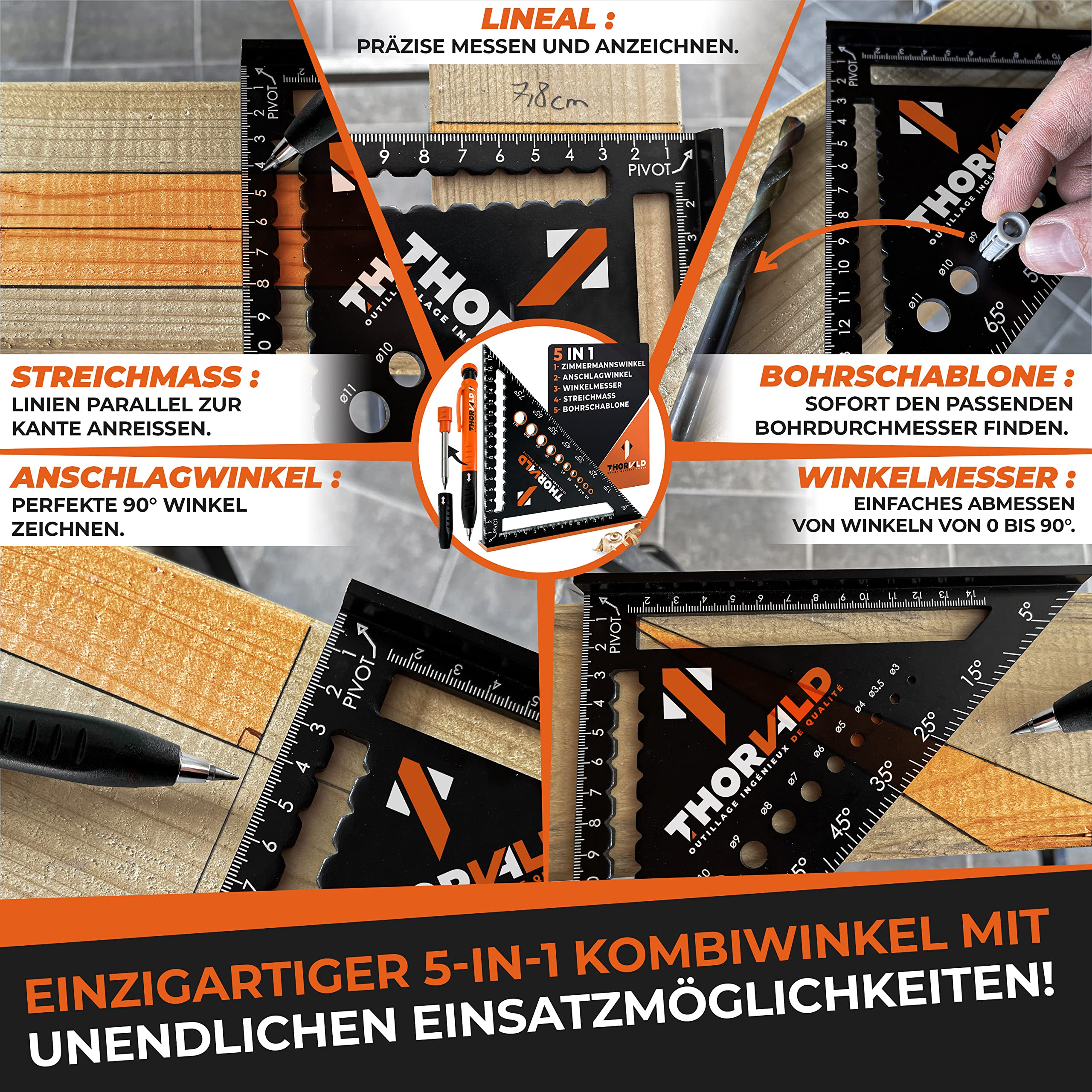5-in-1 Carpenter's Square Protractor Try Square