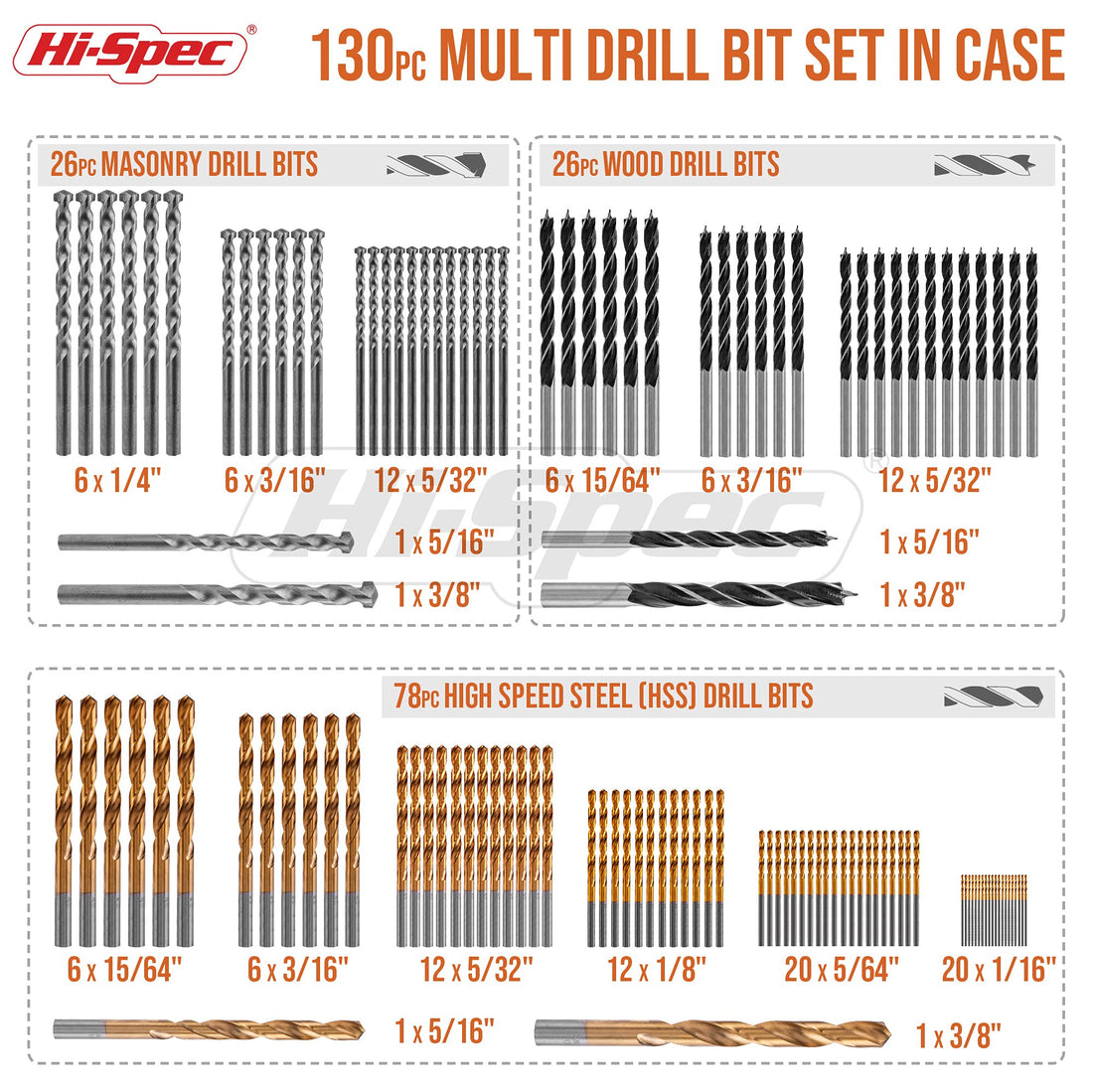 Hi-Spec 130pc Mixed Multi Drill Bit Set. 1 to 10mm HSS Titanium Coated, Masonry & Brad Point Steel Bits for Metal, Woods, Plastics, Brick and Concrete. Complete in a Box Case