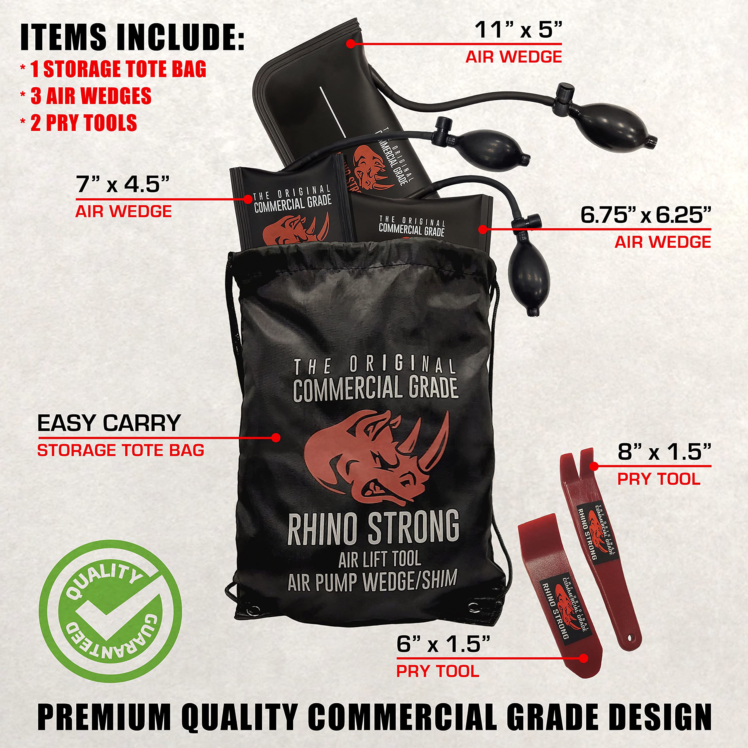 The Original Rhino Strong Commercial Grade Air Wedge Bag Pump Professional Leveling Kit & Alignment Tool Inflatable Shim Bag 3 Piece (Small, Medium, Large). 3 sizes for all of your individual needs.